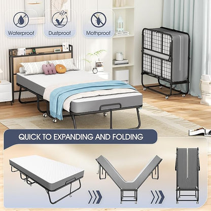 INTERGREAT Folding Bed, 75" x 31"Cot Size Portable Folding Beds for Adults, Metal Foldable Bed on Wheels for Guest, Space Saving Roll Away Beds for Easy Storage