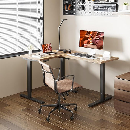 L-Shaped Standing Desk, 63 x 47 Inches Height Adjustable Desk, Sit and Stand up for Work Office Home, Ergonomic Rising Computer Table for Home Office with Splice Board, Rustic Brown