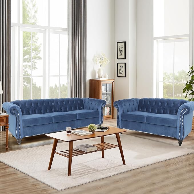 Home Sofa Living Room Furniture, 3 Seater 84" Velvet Upholstered Couch, Mid Century Modern Comfy Couch with Cushions, Classic Tufted Chesterfield Couches for Bedroom, Office, Apartment (Blue)