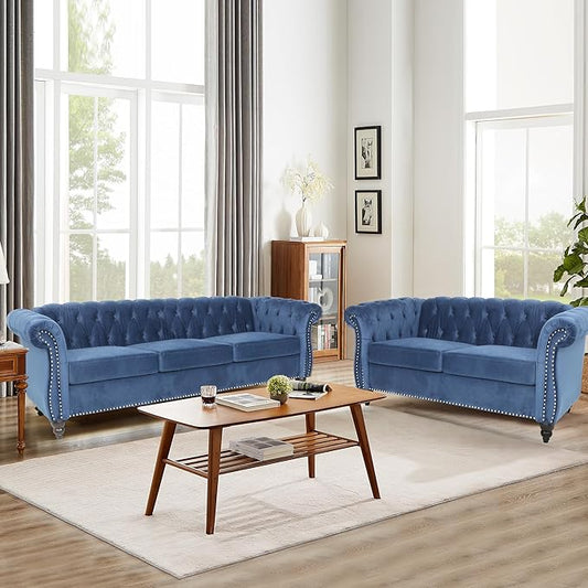 Living Room Velvet Sofa and Loveseat set, Mid Century Modern Upholstered Couch with Cushions, 2-Piece Home Sofa Furniture Sets, Comfy Tufted Chesterfield Couches for Living Room, Bedroom, Office