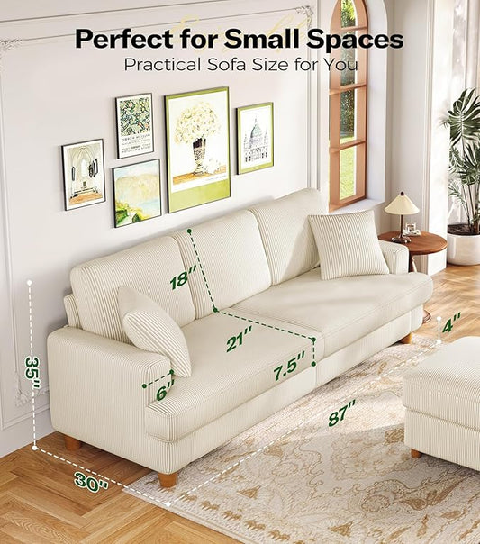 87in Corduroy Couch, Kidirect Sofa No Tool Assembly, Comfy Couches for Living Room 21in Deeper Seats, Corduroy Sofas for Living Room with 2 Pillows, Oversized Loveseat Sofa, Boho Love Seat Beige Couch