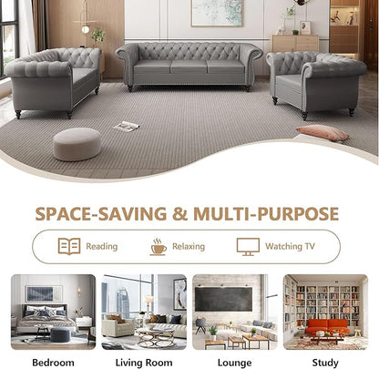 Home Sofa Living Room Furniture, 3 Seater Leather Upholstered Sofa Couch, Modern Comfy Couch with Faux Leather Cushions, Mid Century Tufted Chesterfield Sofas for Bedroom, Office, Apartment (Grey)