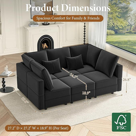 Vesgantti Sectional Sleeper Sofas with Storage, 92" Sofa Bed with 6 Seats Storage Chaises Removeble Cover, Deep Seat Modular Couches Velvet Couch Set for Living Room, Apartment, Home Theatre, Black