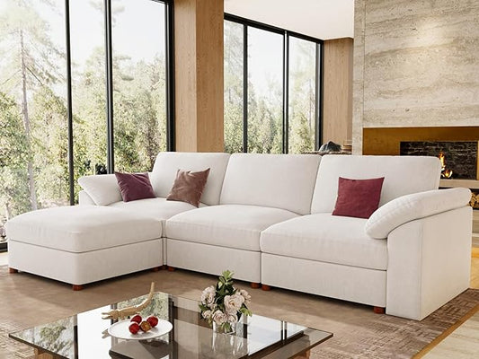 EASE MOOSE White Modular Sectional Sofa, FSC Certified Extra Large L Shape Sectional Couch, Comfty Wide Deep Modular Cloud Sofa with Ottoman, Removable and Washable