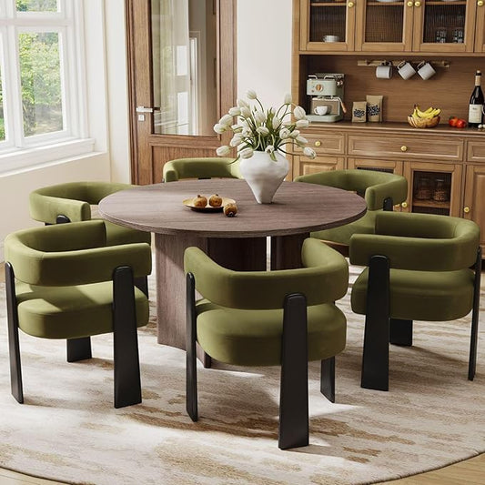 Modern Dining Chairs Set of 6, Upholstered Velvet Barrel Accent Chairs with Backrest & Arms, Wide and Thicker Padded Kitchen Side Chair with Wooden Legs for Dining Room, Livingroom, Dark Green