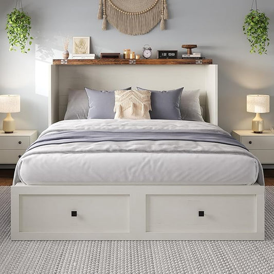 Full Size Murphy Bed with Charging Station, Cabinet Bed with Large Storage Drawer for Home Office or Small Room, Full Foldable Platform Bed, White