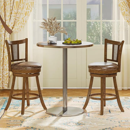 COSTWAY Counter Height Barstools Set of 4, 25” Solid Rubber Wood Swivel Counter Chairs with Faux Leather Seat, Curved PE Rattan Back, for Living Room & Kitchen Island, Brown (4, 25” Seat Height)