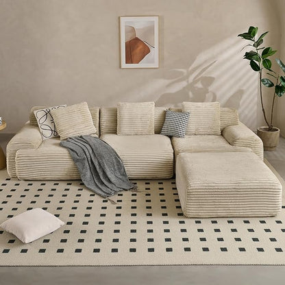 VK·LIVING 113" Cloud Sectional Couch, 61.6" Deep Seat Boneless Modular Sofa with Wide Armrests, Plush Corduroy Memory Foam Couch for Living Room, No Assembly, Sage Green