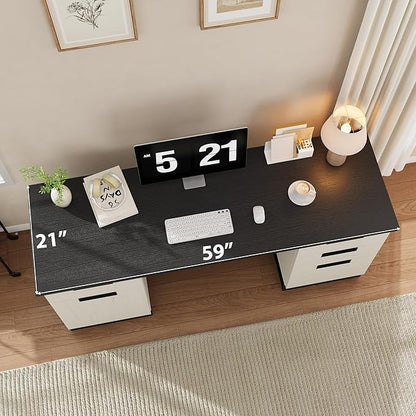 GAOMON Farmhouse Executive Desk, 59 Inch Computer Desk, White Home Office Desks with File Drawer and Storage Cabinet, Wood Writing Desks for Bedroom, Home Office, White+Black