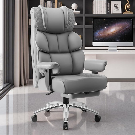 Office Desk Chair, Big and Tall Leather Gaming Chair with Footrest, Wide Ergonomic Comfy Executive High-Back Reclining Computer Chairs, Swivel Rolling Wheels and Padded Lumbar Support, Gray