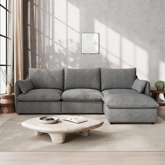 Waterproof Cloud Sectional Couches,High Backrest Down Filled Sofa for Living Room,94.5" Modular Sofas L-Shaped with Ottoman,Detachable Couch Covers,Dark Grey