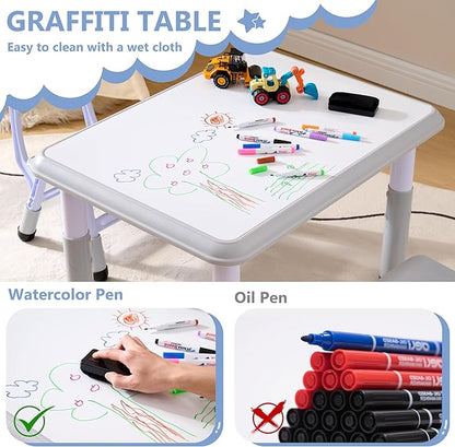 Kids Table & Chairs Set (2 Chairs), Height Adjustable Toddler Table and Chair Set for Kids Ages 3-8 with Graffiti Desktop, Learning & Art Activity Desk for Classroom, Home, Daycare (Grey)