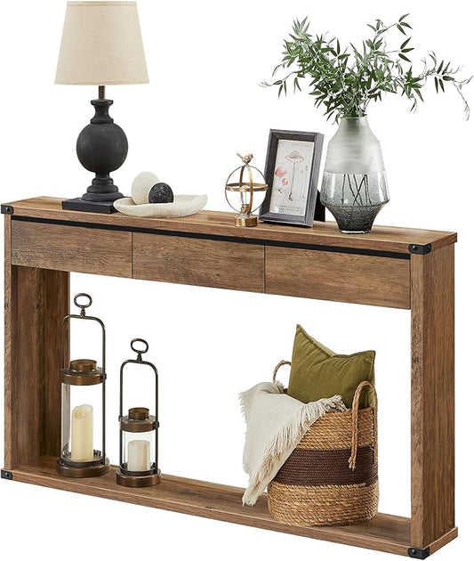 VASAGLE Sofa Console Table, 47.2 Inches Narrow Entryway Table with 3 Drawers, Bottom Shelf, Metal Corners, for Living Room, Bedroom, Farmhouse Style, Honey Brown ULNT143KB01S