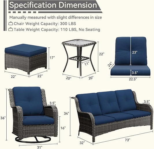 Wicker Patio Furniture Set 6 Piece, Outdoor Furniture Patio Conversation Set Includes 1 Three-Seat Sofa, 2 Swivel Rocker Chairs, 2 Ottomans and 1 Side Table,Blue