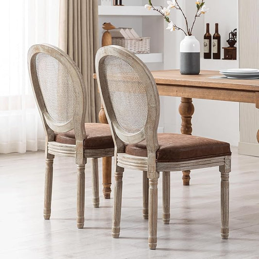 Farmhouse Leather Dining Chairs Set of 2 French Dining Room Chairs with Round Rattan Back Bistro Chairs for Dining Room/Living Room/Restaurant/Kitchen, Brown