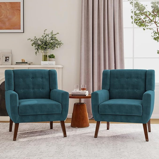 Lumibee Accent Chairs Set of 2, Velevet Fabric Armchairs for Living Room, Comfy Upholstered Arm Chairs Tufted for Indoor Bedroom Office Room (Blue Velvet)