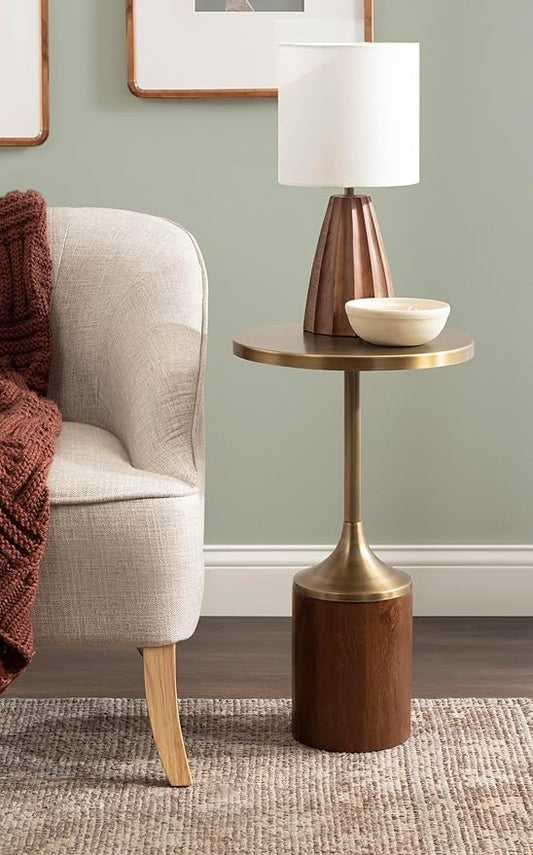 Kate and Laurel Whelan Modern Metal Round Side Table, 14 x 14 x 24, Antique Brass and Walnut Brown, Transitional Sculptural Indoor Plant Stand for Living Room End Table or Bedroom Nightstand