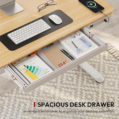 Standing Desk with Drawer, Electric Height Adjustable Home Office Desk with Storage & USB Ports, 48 inch Maple Wood Tabletop/White Frame