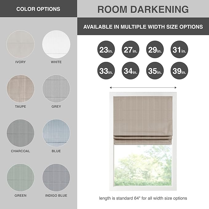 Madison Park Galen Cordless Roman Shade, 34"W x 64"H, Sheen Taupe – Room Darkening, Thermal Insulated, Energy Efficient Window Blind with Subtle Sheen Basketweave Fabric for Privacy