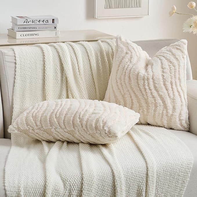 FUTEI Cream Decorative Throw Pillow Covers 20x20 Inch Set of 2,Soft Faux Fur Geometric Shapes Texture Cushion Case,Boho Home Decor for Couch Bed Living Room