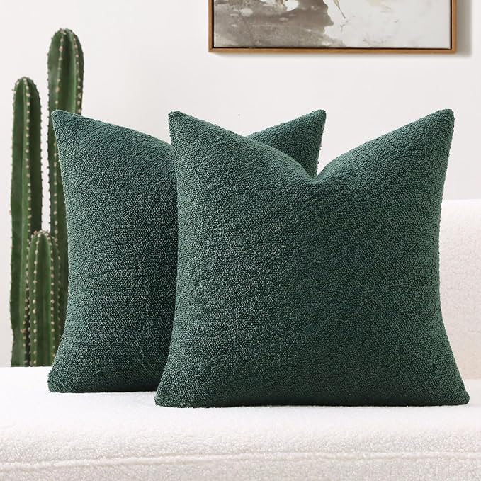 FUTEI Christmas Pack of 2 Dark Green Decorative Throw Pillow Covers 18x18 Inch Soft Cozy Solid Boucle Textured Cushion Case,Modern Home Decor for Couch Bed Living Room