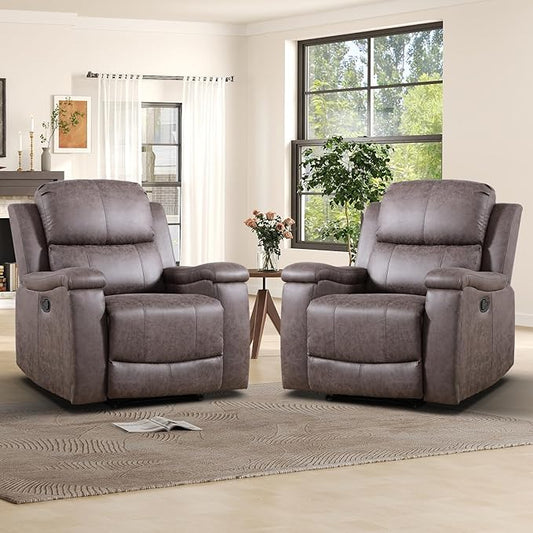 Leather Recliner Chair, Manual Recliner Chair for Adults with Overstuffed Arms and Back, Single Sofa Recliner with Cup Holders for Living Room Set of 2, Grey