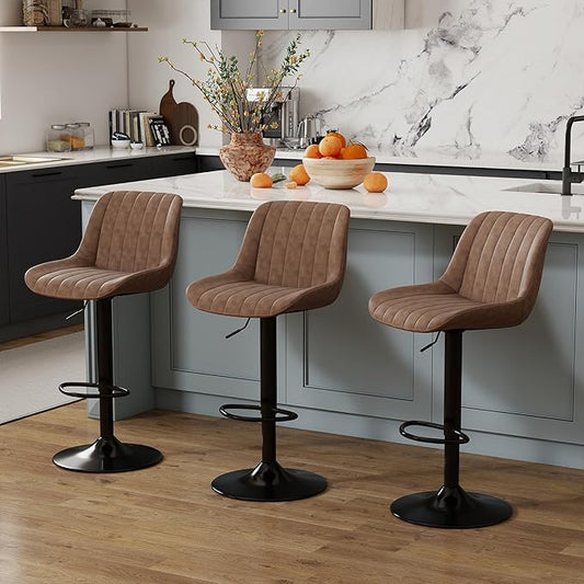 Youhauchair Bar Stools Set of 3, Swivel Counter Height Barstools with Back, Adjustable PU Leather Bar Chairs, Modern Armless Kitchen Island Stool, Light Brown