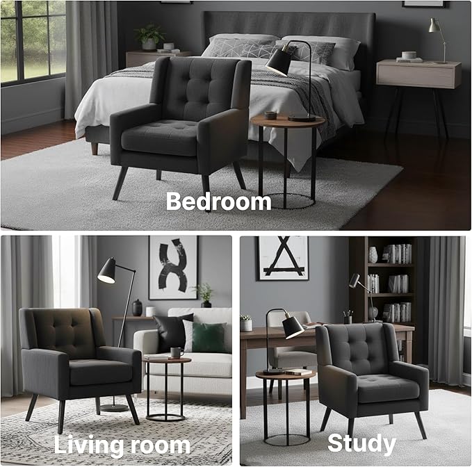 Mid-Century Modern Accent Chair, Plush Linen Fabric with Button Tufted High Back & 5" Thick Cushion, High Comfort Reading Chair for Living Room, Bedroom, Office (Black)