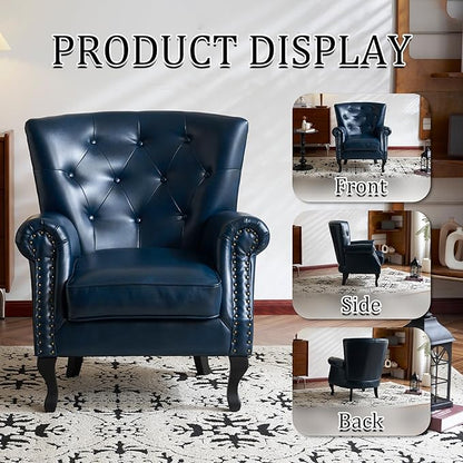 Modern Accent Chair Set of 2, Mid-Century PU Leather Armchair with Solid Wood Legs, Single Sofa Chair for Living Room, Bedroom, Leisure Room, or Reading Room(Navy)