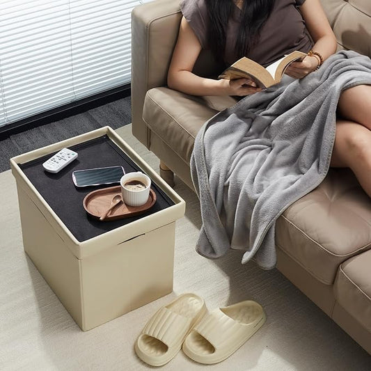 AmasSmile Storage Ottoman Folding Foot Rest Stool, Leather Footstool Bench, Short Ottoman Stool, Storage Foot Rest Store, Books (Beige-2pc, 17" D x 13" W x 13" H)