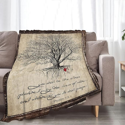 Christian Bible Tree of Life Throw Blanket - Religious Gifts and Decor for Women Men Adults - Soft Warm Cozy Fleece for Couch Sofa Bed 50"x40"