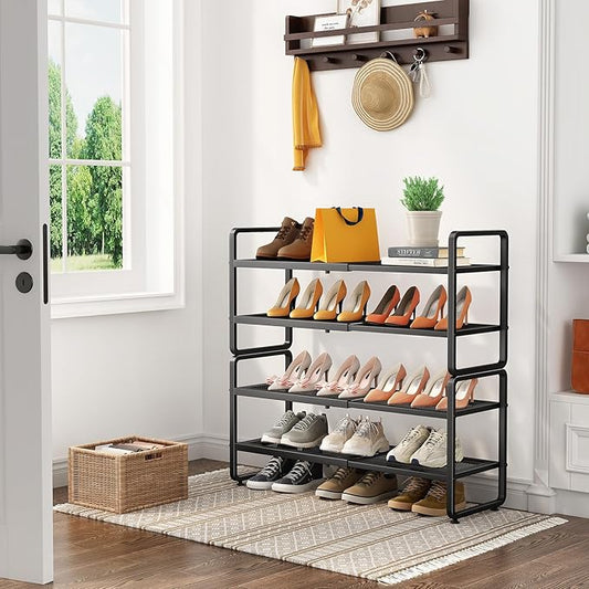 Shoe Rack - Expandable Shoe Organizer for Closet, Adjustable Metal Shoe Shelf Storage, Stackable Long Shoe Stand Holder for Garage, Entryway, Door Entrance (Black, 4-Tier)