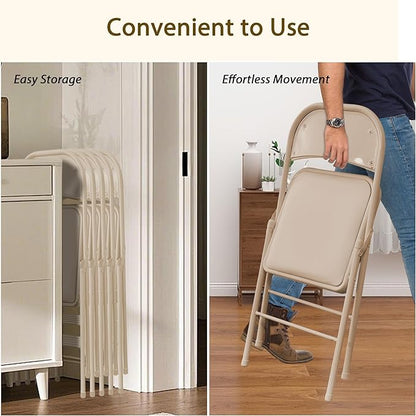 4 Pack Khaki Folding Chairs with Padded Cushion and Back, Portable Duty Metal Frame Commercial Seat, Foldable Indoor Outdoor Chairs for Office Party Events Kitchen Dinning Wedding, 330-LBS Capacity