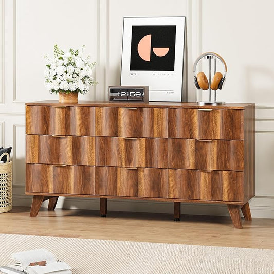 9 Drawer Dresser, Modern Fluted Storage Dresser with Deep Drawers and Metal Handles, Wood Chest of Drawers Storage Organizer for Bedroom, Living Room, Hallway (Walnut)
