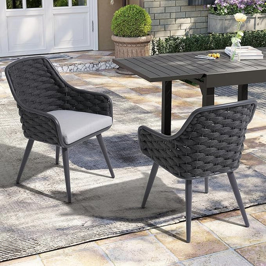 SUNSITT Outdoor Dining Chairs Set of 4, Metal Outdoor Patio Dining Chairs with Weather-Resistant Cushions, Woven Rope Chairs Outdoor with Armrest Dark Grey Outdoor Furniture for Backyard
