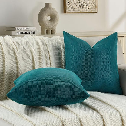 FUTEI Teal Chenille Throw Pillow Covers 12x20 Inch Set of 2,Soft Wide Chevron Textured Lumbar Pillow Cases,Farmhouse Home Decor for Couch Bed Living Room