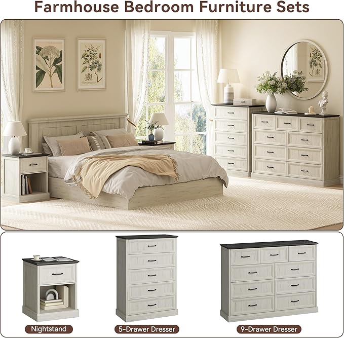 CARPETNAL Farmhouse Dresser and Nightstand Sets for Bedroom, 4 Pcs Bedroom Set, 5 Drawer & 9 Drawer Dresser and Nightstand Set of 2, Wood Chest of Drawers for Living Room, Entryway, White