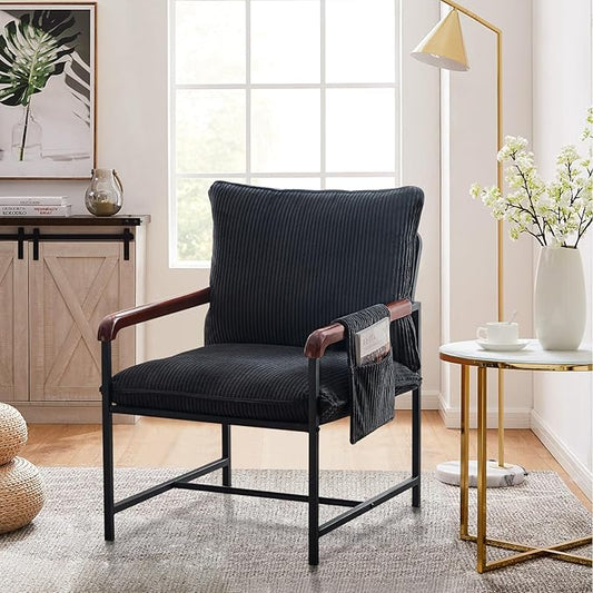 CLIPOP Accent Chair with Corduroy Fabric, Wood Armrests, Removable Cover, Side Pocket, Comfortable Armchair for Living Room & Bedroom, Durable Comfy Reading Chair for Home Office, Black