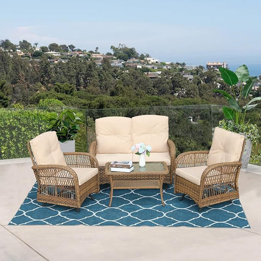 VIVIJASON 4-Piece Outdoor Patio Wicker Conversation Sets, All Weather Outdoor Rattan Furniture Set Includes Glider Loveseat, Coffee Table, 2 Glider Rocker Chairs with Cushions for Lawn Garden Balcony