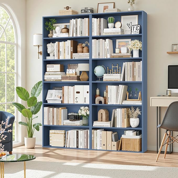 FOTOSOK 70.8" Tall Bookcase Shelf, 6 Tier Wide Bookshelf with Storage, Billy Bookcase Set of 2, Large Bookshelf for Living Room, Home Office,Blue