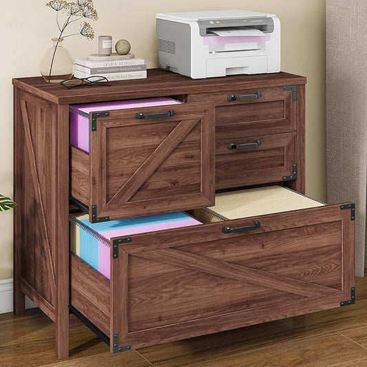 Lateral File Cabinet with 4 Drawers, Farmhouse File Cabinet for Letter/Legal/A4 Size Hanging Files, Large Wood File Storage Cabinets Printer Stand for Home Office Cabinets, Rustic Brown
