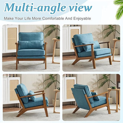 VINGLI Solid Wood Wide Armrests Accent Chair,Upholstered Mid Century Modern Chair with Pillow,Comfy Reading Chair Farmhouse Arm Chair,Chairs Living Room,Bedroom,Guest Room,Linen Fabric,Navy Blue