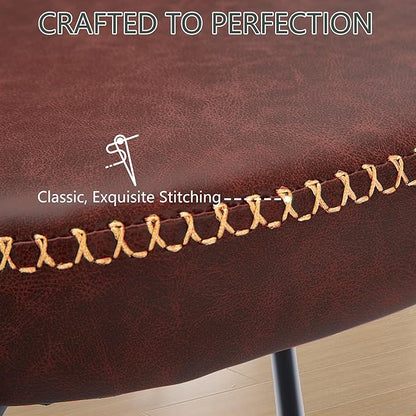 Rattan Dining Chairs Set of 4, Wine Leather Upholstered Dining Chairs with Rattan Cane Back, Mid Century Modern Dining Room Chairs with Black Metal Legs & D-Shaped Thicken Cushion, Wine