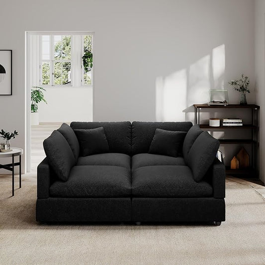 Linen Sleeper Sofa Bed,Modern Sectional Sofa Couch for Living Room,67 Inch Cloud Couches Cushion Covers Removable,Cozy Feather Down Sofa for Apartment Black