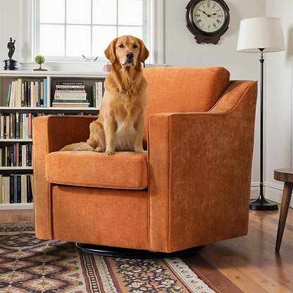 Pia Ricco 360° Swivel Accent Chair, Plush Oversized Chenille Fabric Armchair with Removable Cover for Living Room and Reception,Orange