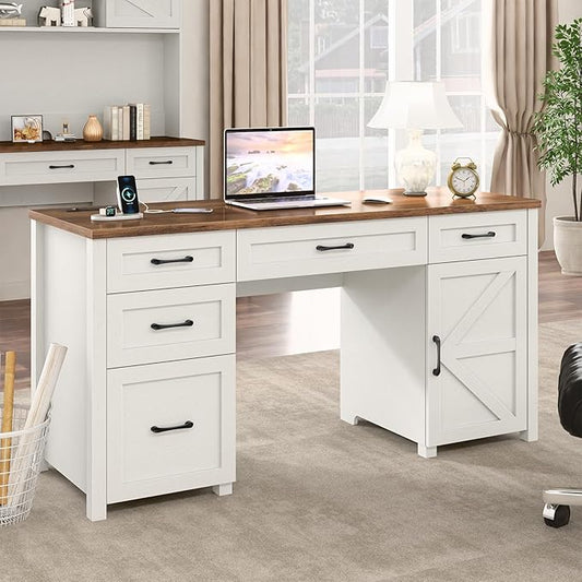 Farmhouse 61'' Executive Desk with 5 Drawers, Rustic Office Desk Computer Desk with Charging Station, File Drawers and Storage Cabinet, Wood Workstation for Home Office and Study, Unique White
