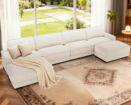 Sunny Heart 160" U-Shaped Modular Sectional Sofa, Oversized Cloud Couch with Movable Ottoman, 6-Seat Chenille Deep Seat Sofa with Pillow, Sectional Couches for Living Room, Apartment, Beige