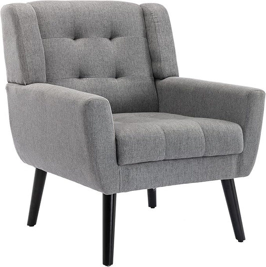 Dolonm Midcentury Modern Accent Chair with Arms, Upholstered Fabric Reading Side Chair Tufted Back Decorative Wingback Chair for Living Room Bedroom (Light Grey)
