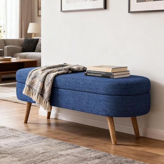 Storage Ottoman Bench 43" Storage Bench for Bedroom, Upholstered Soft Boucle Fabric End of Bed with Safety Hinge Solid Wood Legs Foot Stool Benches for Hallway,Closet,Oval, Entryway, Blue