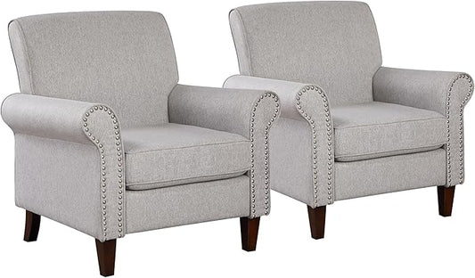 Prilinex Upholstered Living Room Chair Set of 2 - Large Comfy Fabric Accent Chair Single Sofa with Cushion, Rolled Armrest & Nailhead Trim, Mid Century Modern Armchair for Bedroom, Office, Grey